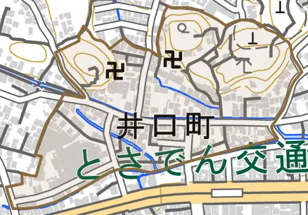 井口町とその周辺の地図。町の範囲を重ねている