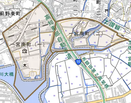 一宮南町とその周辺の地図。町の範囲を重ねている