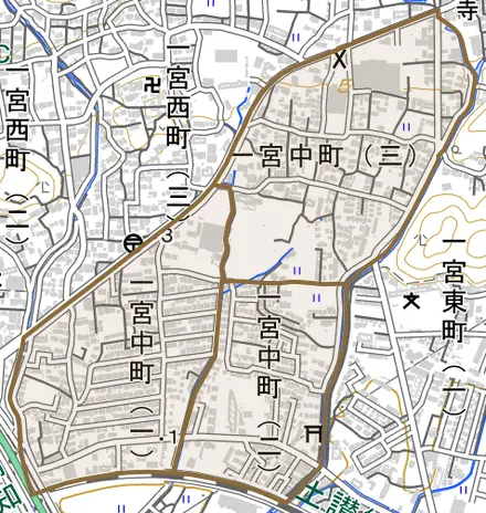 一宮中町とその周辺の地図。町の範囲を重ねている