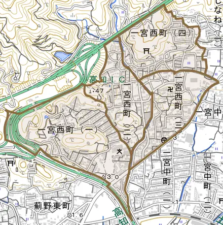 一宮西町とその周辺の地図。町の範囲を重ねている
