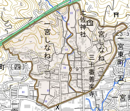 一宮しなねとその周辺の地図。町の範囲を重ねている