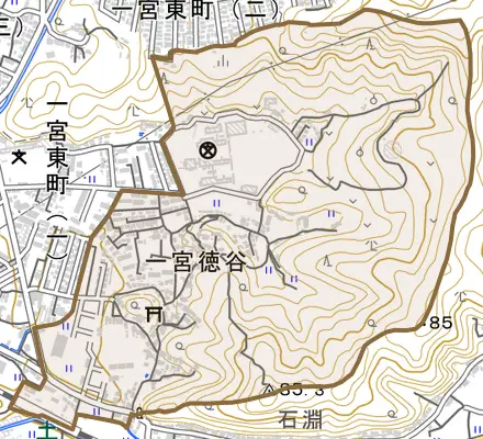 一宮徳谷とその周辺の地図。町の範囲を重ねている