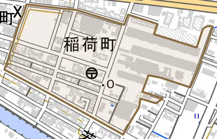 稲荷町とその周辺の地図。町の範囲を重ねている