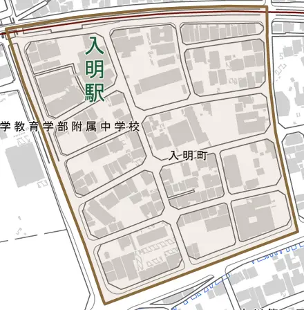 入明町とその周辺の地図。町の範囲を重ねている