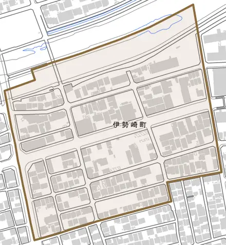伊勢崎町とその周辺の地図。町の範囲を重ねている