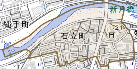石立町とその周辺の地図。町の範囲を重ねている