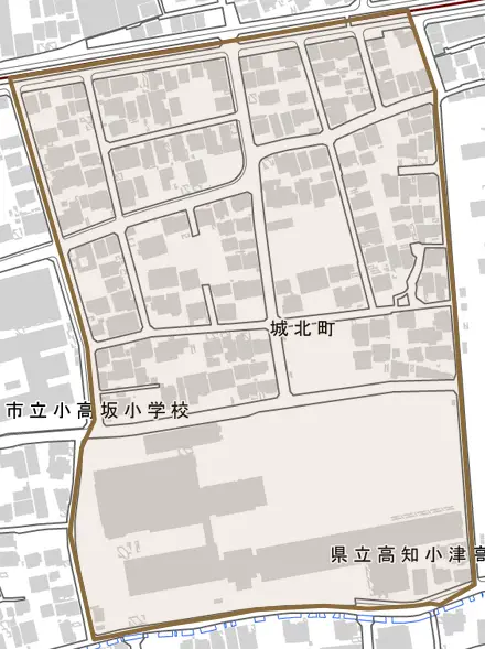 城北町とその周辺の地図。町の範囲を重ねている