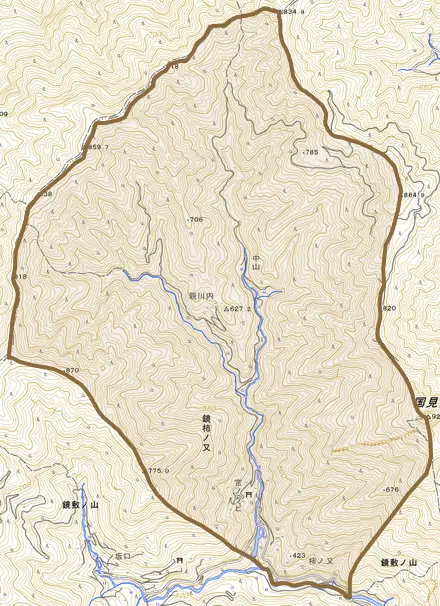 鏡柿ノ又とその周辺の地図。町の範囲を重ねている