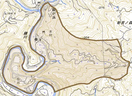 鏡小浜とその周辺の地図。町の範囲を重ねている