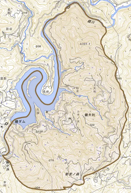 鏡大利とその周辺の地図。町の範囲を重ねている