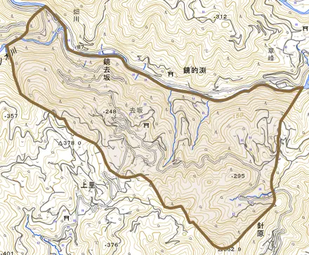 鏡去坂とその周辺の地図。町の範囲を重ねている