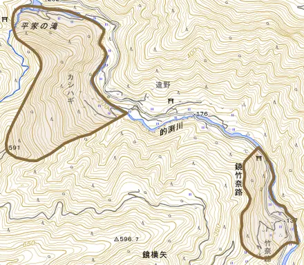 鏡竹奈路とその周辺の地図。町の範囲を重ねている