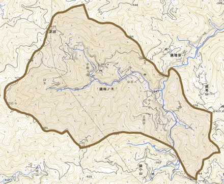 鏡梅ノ木とその周辺の地図。町の範囲を重ねている