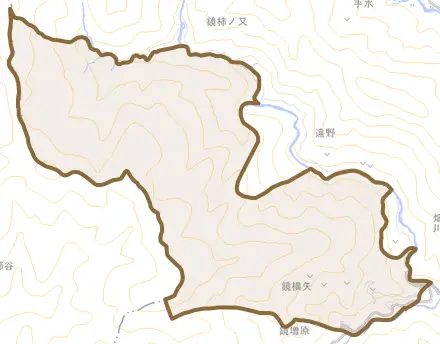 鏡横矢とその周辺の地図。町の範囲を重ねている