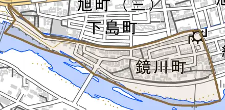 鏡川町とその周辺の地図。町の範囲を重ねている