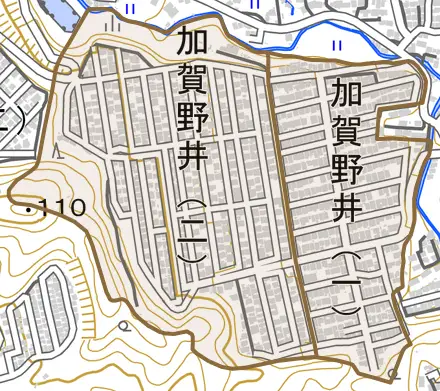 加賀野井とその周辺の地図。町の範囲を重ねている