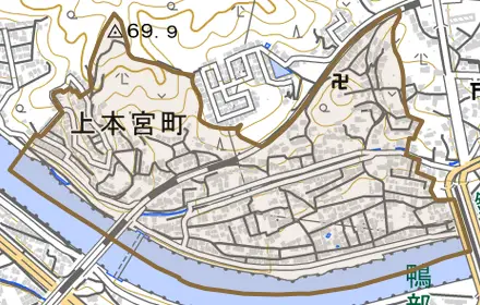 上本宮町とその周辺の地図。町の範囲を重ねている