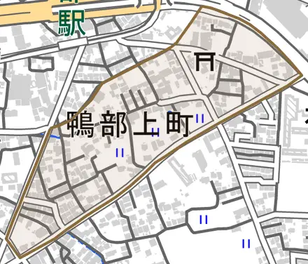 鴨部上町とその周辺の地図。町の範囲を重ねている