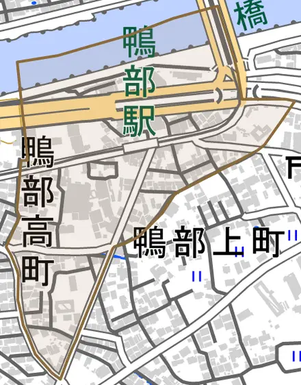 鴨部高町とその周辺の地図。町の範囲を重ねている
