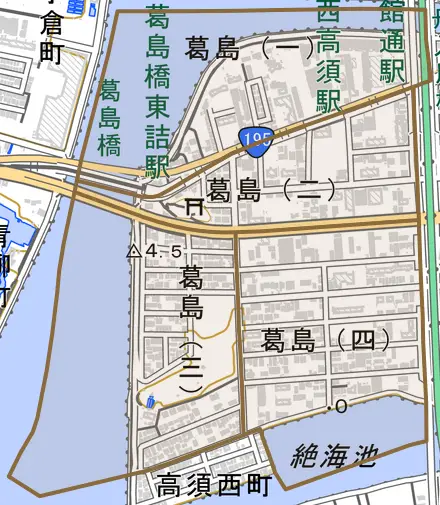 葛島とその周辺の地図。町の範囲を重ねている