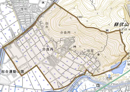 介良丙とその周辺の地図。町の範囲を重ねている