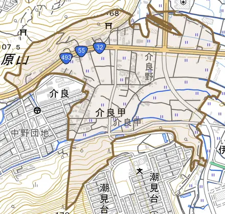 介良甲とその周辺の地図。町の範囲を重ねている
