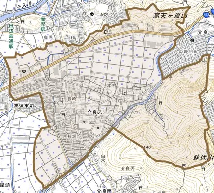 介良乙とその周辺の地図。町の範囲を重ねている