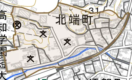 北端町とその周辺の地図。町の範囲を重ねている