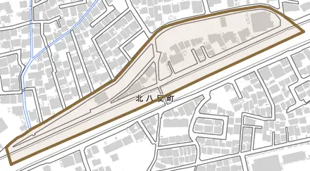 北八反町とその周辺の地図。町の範囲を重ねている