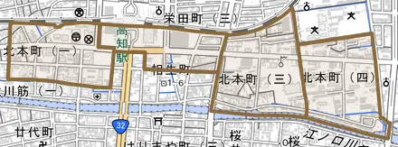 北本町とその周辺の地図。町の範囲を重ねている