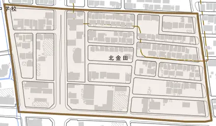 北金田とその周辺の地図。町の範囲を重ねている