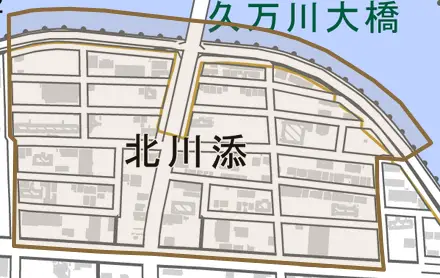 北川添とその周辺の地図。町の範囲を重ねている