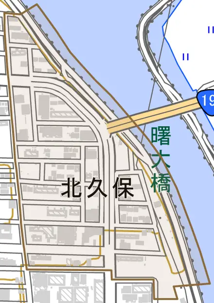 北久保とその周辺の地図。町の範囲を重ねている