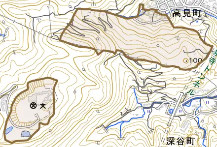 北中山とその周辺の地図。町の範囲を重ねている