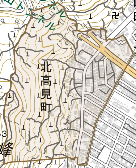 北高見町とその周辺の地図。町の範囲を重ねている