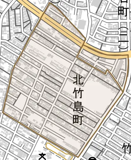 北竹島町とその周辺の地図。町の範囲を重ねている