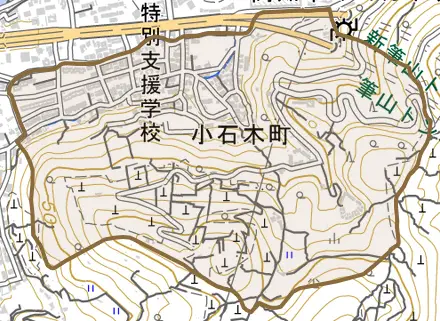 小石木町とその周辺の地図。町の範囲を重ねている