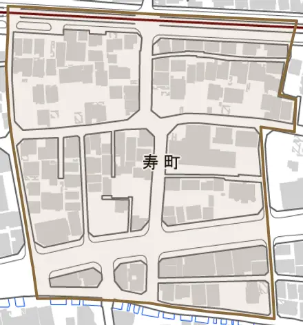 寿町とその周辺の地図。町の範囲を重ねている
