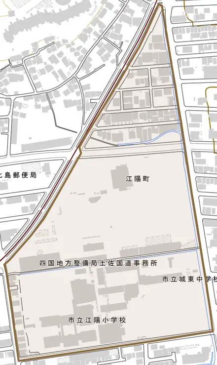 江陽町とその周辺の地図。町の範囲を重ねている