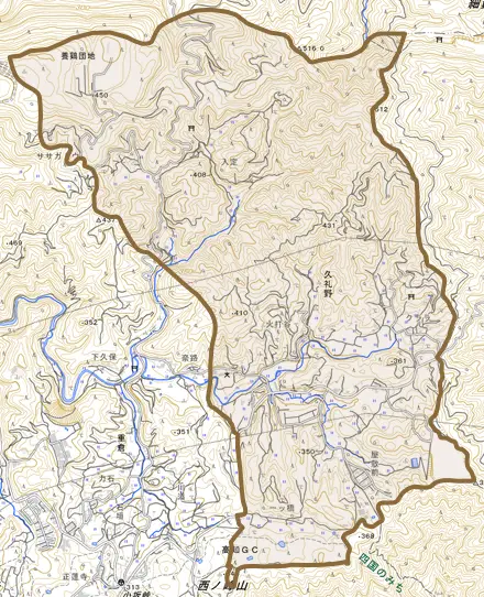 久礼野とその周辺の地図。町の範囲を重ねている