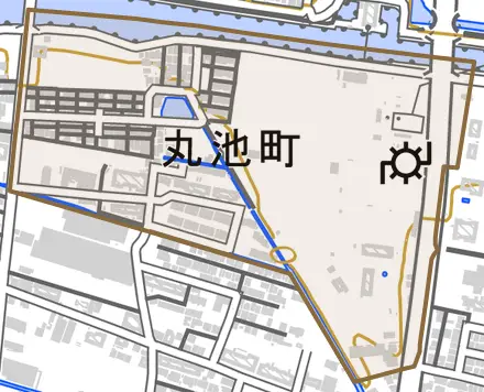 丸池町とその周辺の地図。町の範囲を重ねている