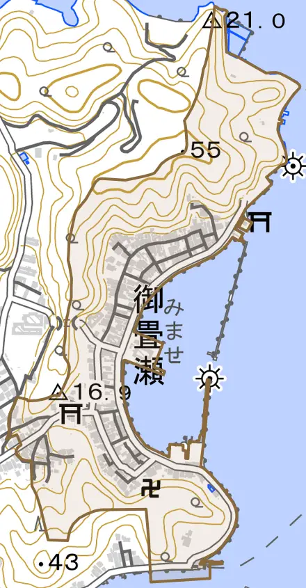御畳瀬とその周辺の地図。町の範囲を重ねている