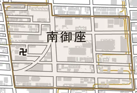 南御座とその周辺の地図。町の範囲を重ねている