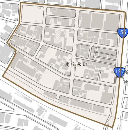 南宝永町とその周辺の地図。町の範囲を重ねている