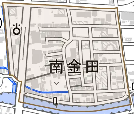 南金田とその周辺の地図。町の範囲を重ねている