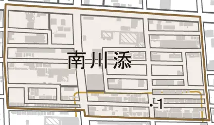 南川添とその周辺の地図。町の範囲を重ねている