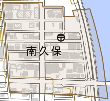 南久保とその周辺の地図。町の範囲を重ねている