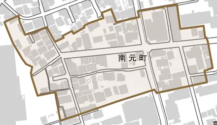 南元町とその周辺の地図。町の範囲を重ねている