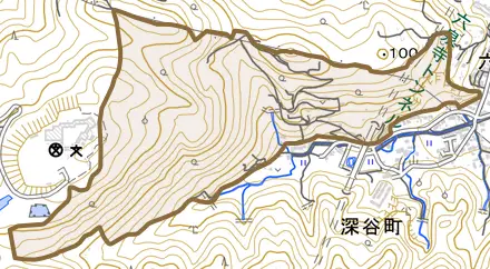 南中山とその周辺の地図。町の範囲を重ねている