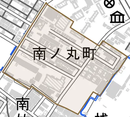 南ノ丸町とその周辺の地図。町の範囲を重ねている